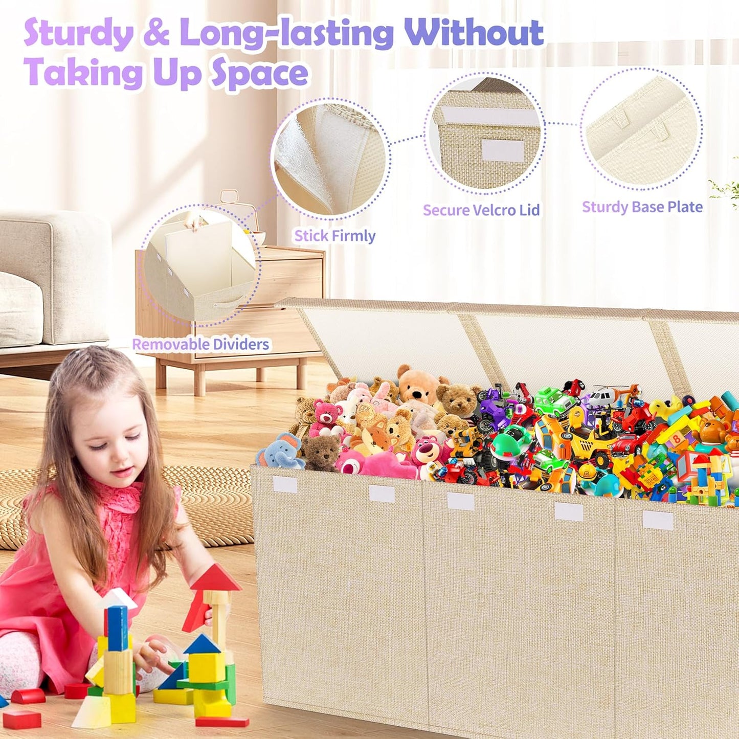 Extra Large Toy Box, Collapsible Sturdy Kids Toy Chest for Boys, Girls, 40"x14"x16" Storage Organizer Toddler Storage Bins with Lids, Toybox Basket for Living Room, Bedroom, Nursery, Beige