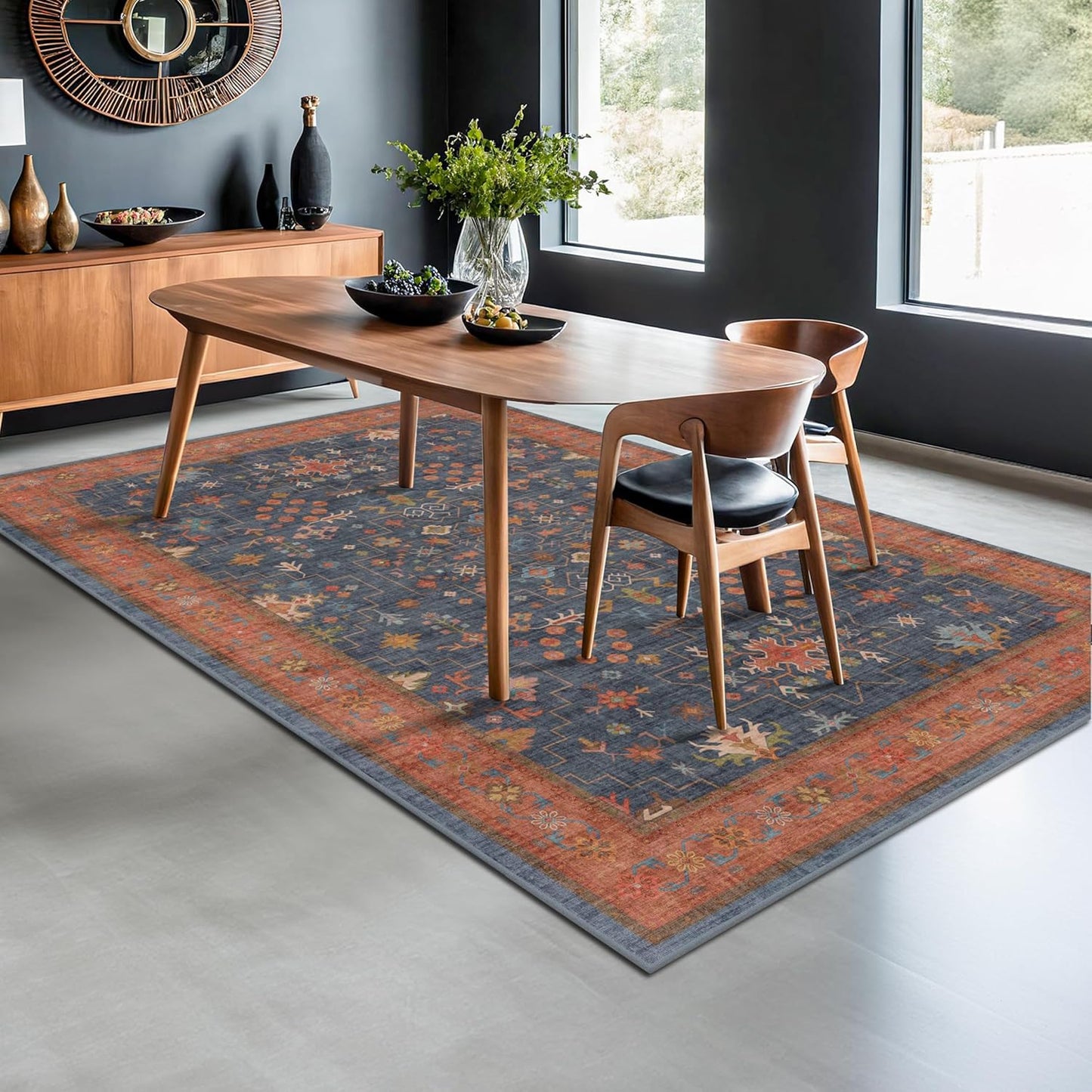 6x9 Dining Room Rugs for Under Table - Washable Area Rug for Living Room, Low Pile Non-Slip Rugs for Bedroom - Navy Blue & Terracotta Vintage Boho Eclectic Home Decor