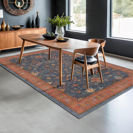 6x9 Dining Room Rugs for Under Table - Washable Area Rug for Living Room, Low Pile Non-Slip Rugs for Bedroom - Navy Blue & Terracotta Vintage Boho Eclectic Home Decor