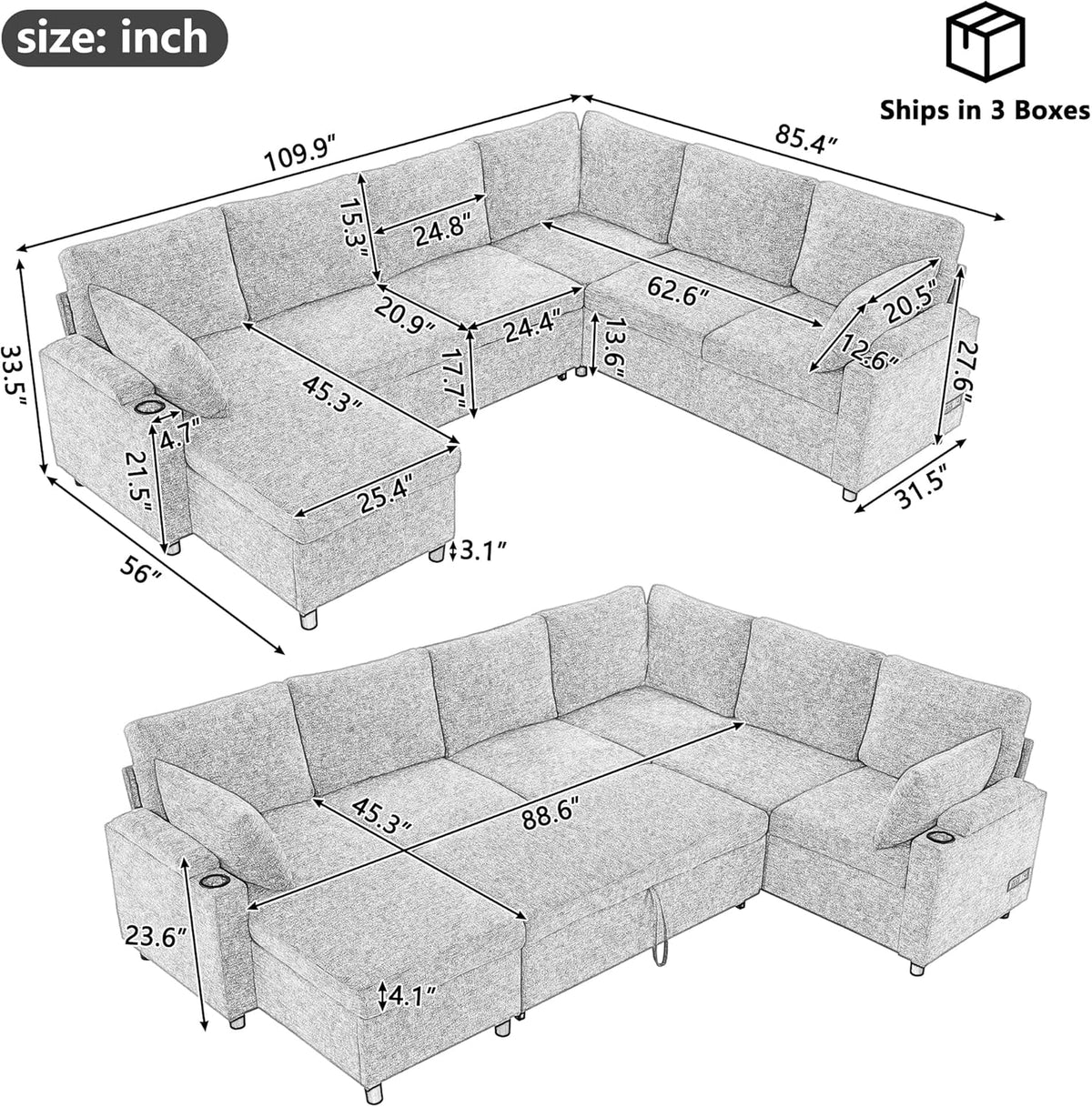 Eafurn Oversized U Shaped Sectional Sleeper Sofabed Pull Out Couch Bed for Living Room 6 Seater Upholstered Convertible Pullout Lounge Sofa Couch w/Storage Chaise, USB Ports for Living Room Apartment