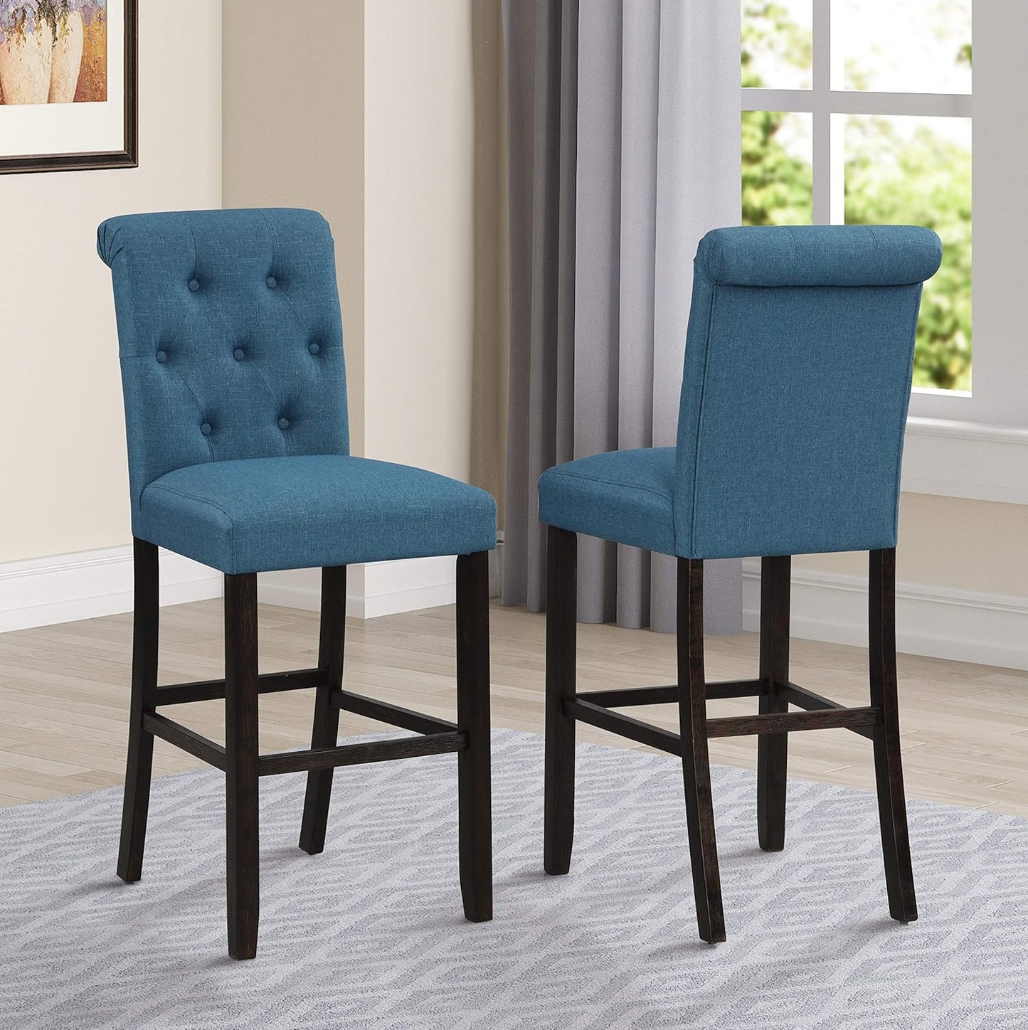 Roundhill Furniture Hendley Solid Wood Tufted Bartools, Set of 2, Blue