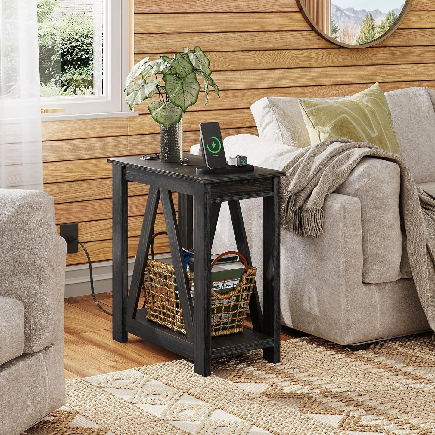 WLIVE Narrow End Table with Charging Station of Open Storage Shelf, Sofa Side Table with 2 USB Ports and 2 Power Outlets, Slim Farmhouse End Table for Small Spaces, Bedroom, Living Room