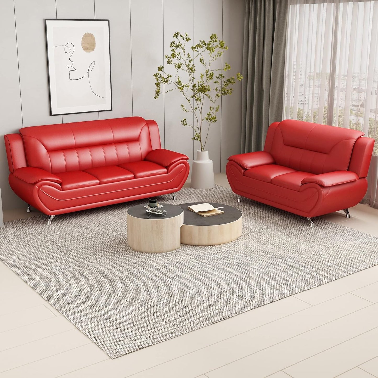 Container Furniture Direct Michael Modern Faux Leather Upholstered Stainless Steel Legs Living Room Sofa, Persian Red