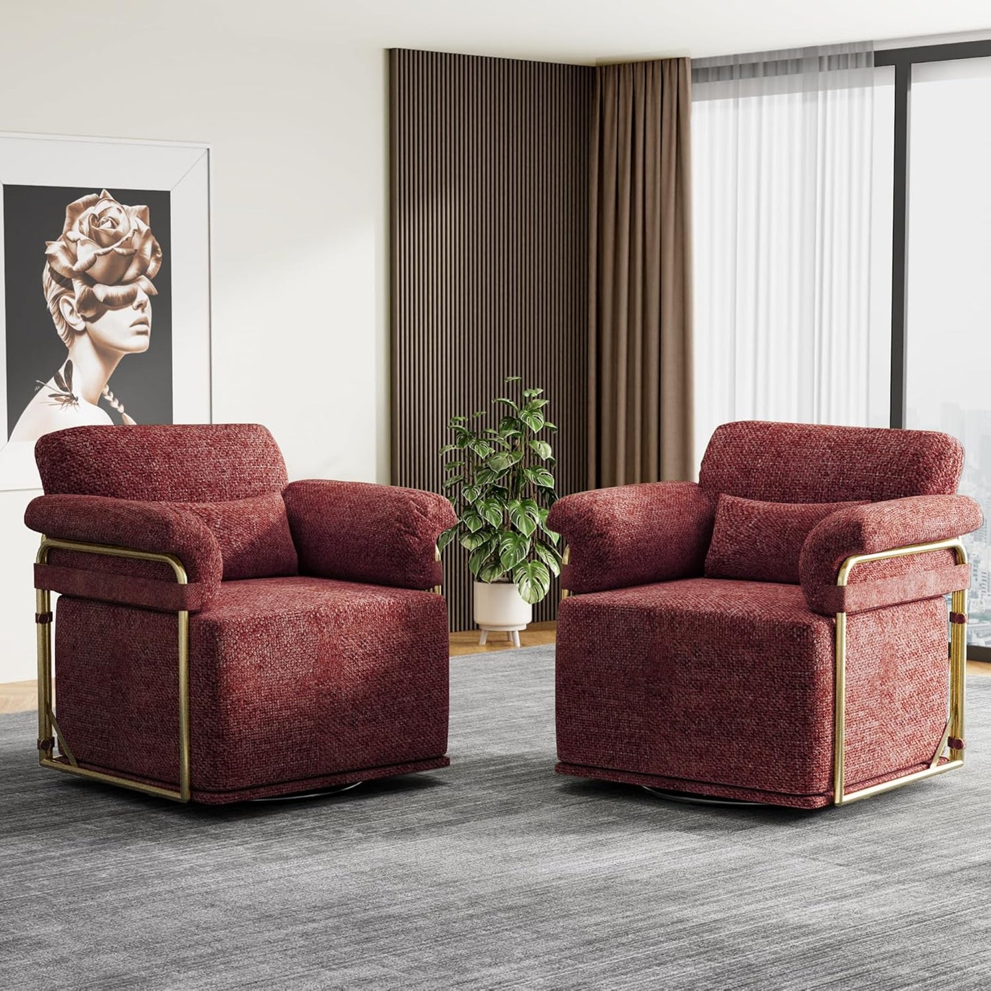 KEIKI Modern Comfy Swivel Accent Reading Chair with Waist Pillows, 360°Square Upholstered Barrel Armchair Single Club Lounge Sofa Chairs for Living Room,Bedroom,Office,DarkRed