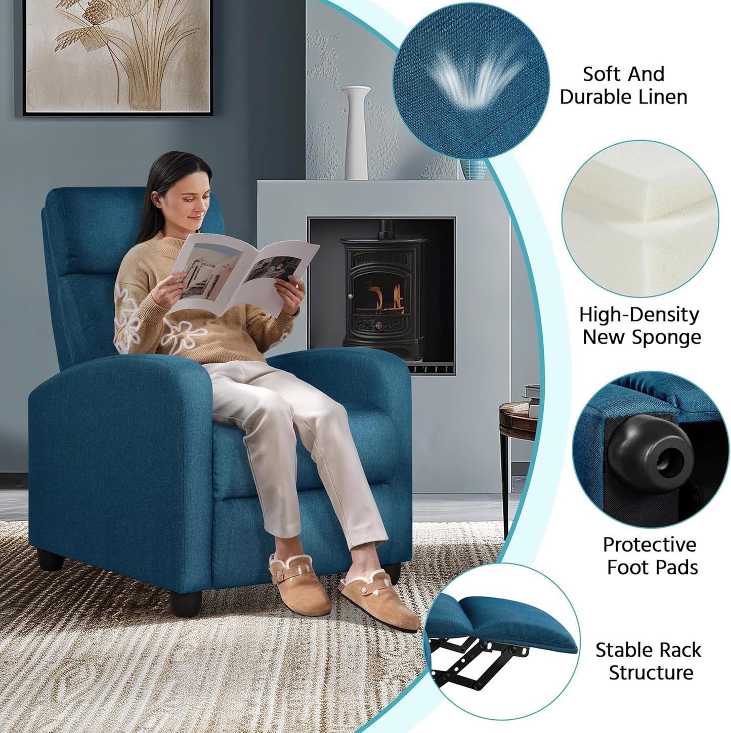 Yaheetech Fabric Recliner Sofa Modern Single Recliner Sofa Home Theater Seating with Thick Seat Cushion, Backrest and Pocket Spring, Blue