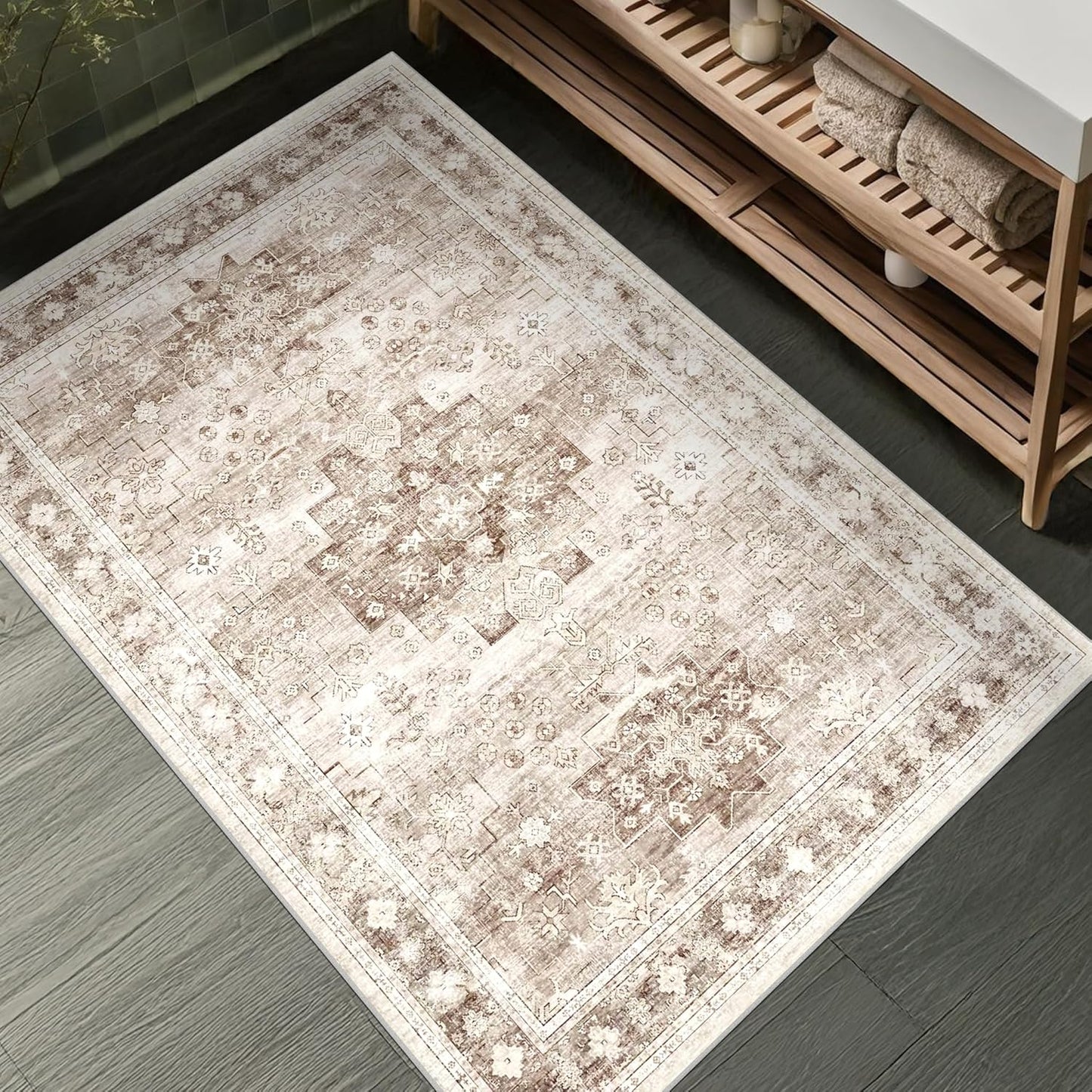 Washable Neutral Farmhouse Large Entryway Rug, 3x4 Area Rugs for Kitchen, Bedroom, Nursery Room, Boho Vintage Floral Non-Slip Throw Rug Low Pile Stain Resistant (3x4 Beige/Latte)