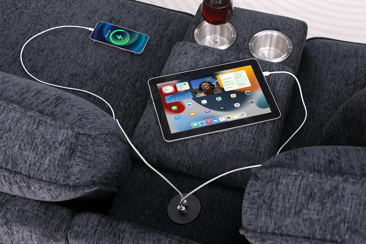 L-Shaped Sectional Couch for Living Room with Movable Ottoman&6 Throw Pillows,7 Seat Chenille Upholstered Sofa W/2 Cup Holder,USB Port&Hidden Storage Box,DIY Combination,Apartment,Dark Gray,127"