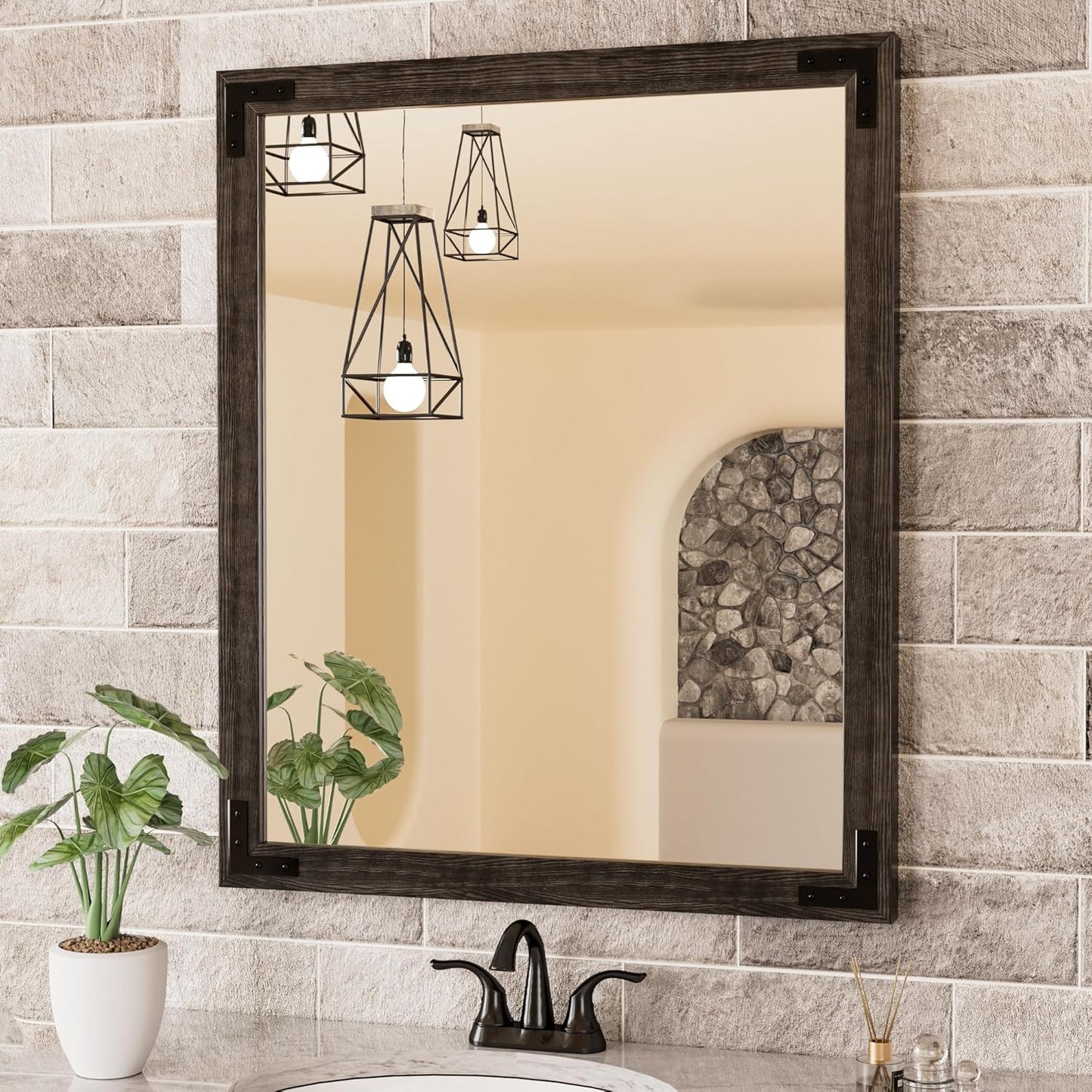 TETOTE 30 x 36 Black Wooden Mirror for Bathroom Wall/Bedroom/Living Room/Entryway Farmhouse Rustic Bathroom Vanity Mirror for Over Sink Waterproof (Horizontal/Vertical Mounted)