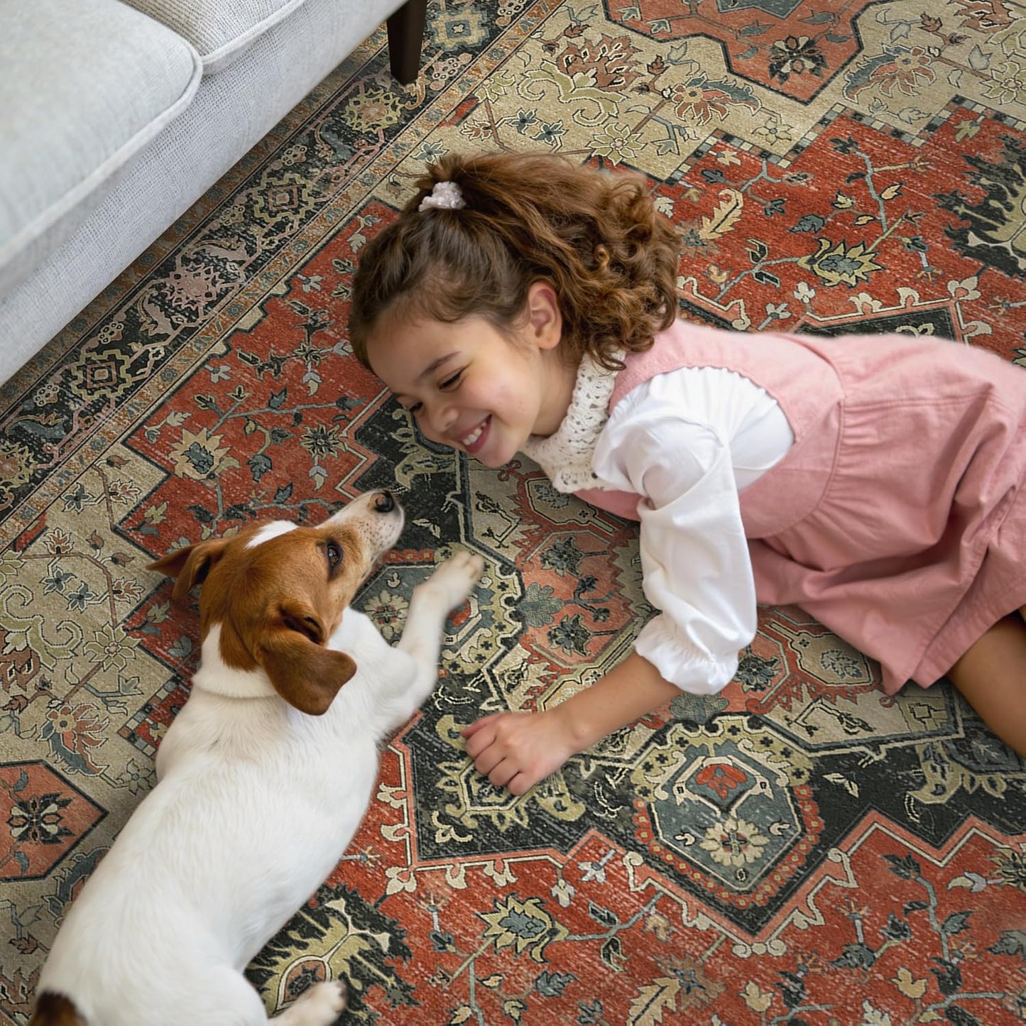 GENIMO 8x10 Area Rugs for Living Room, Machine Washable Non Slip Vintage Rugs, Low Pile Lightweight Chenille Print Rug for Bedroom, Dining Room, Home Office,Desert Ember