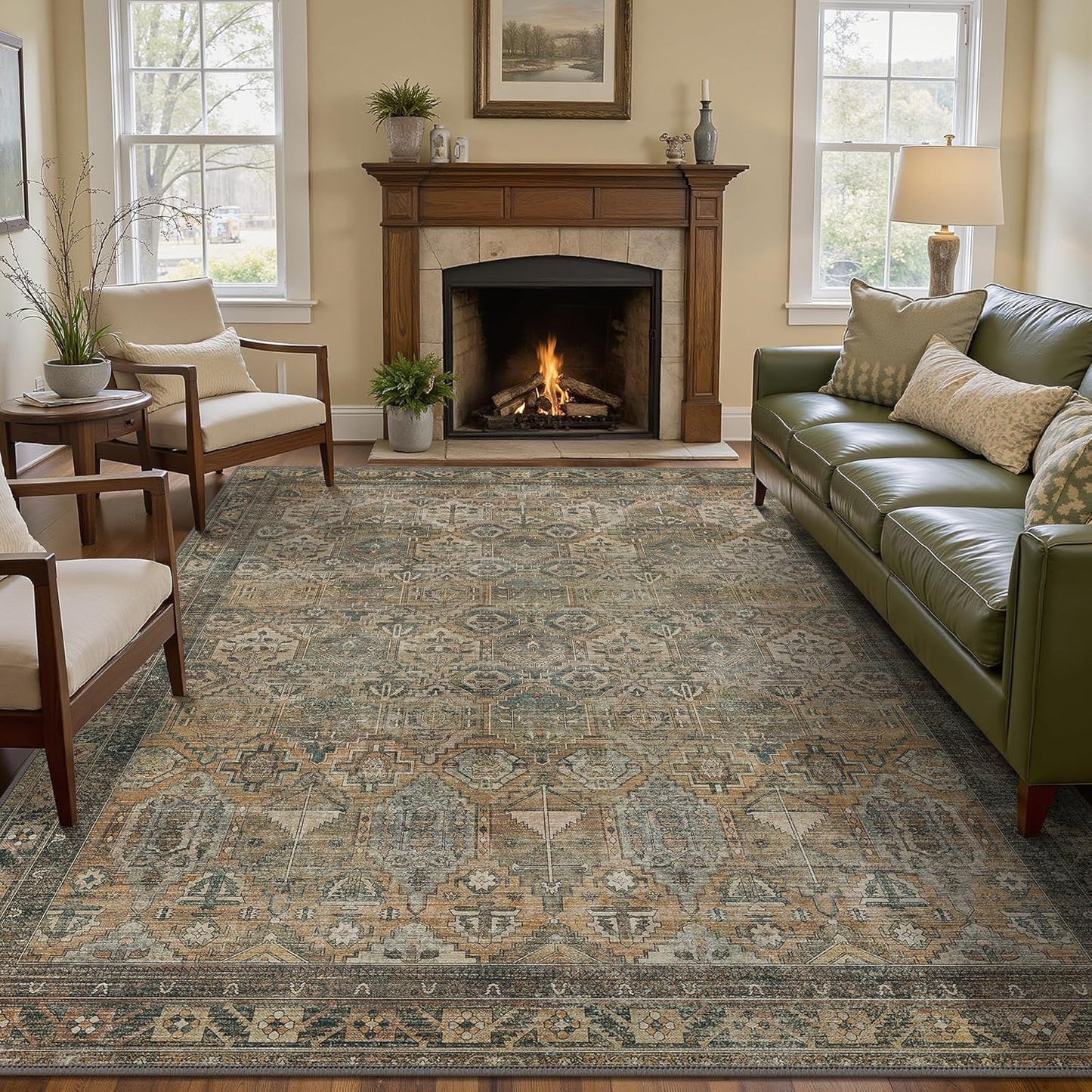 GENIMO 8x10 Area Rugs for Living Room, Machine Washable Non Slip Vintage Rugs, Low Pile Lightweight Chenille Print Rug for Bedroom, Dining Room, Home Office, Warm Taupe