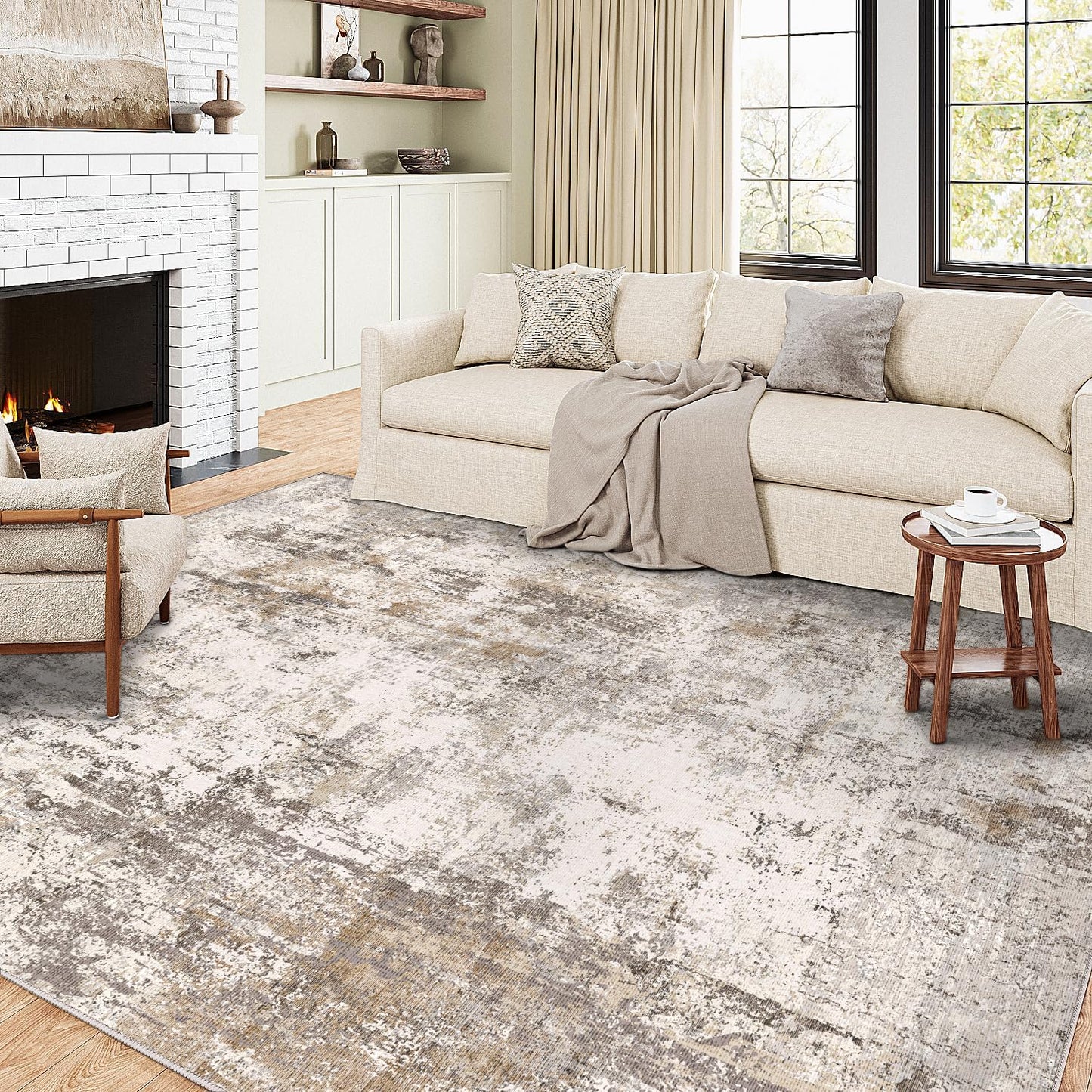 9x12 Washable Area Rug Brown Grey Neutral Abstract Living Room Bedroom Large Throw Rug Non Slip Soft Low Pile Indoor Floor Carpet for Dining Room Kitchen Office Entryway
