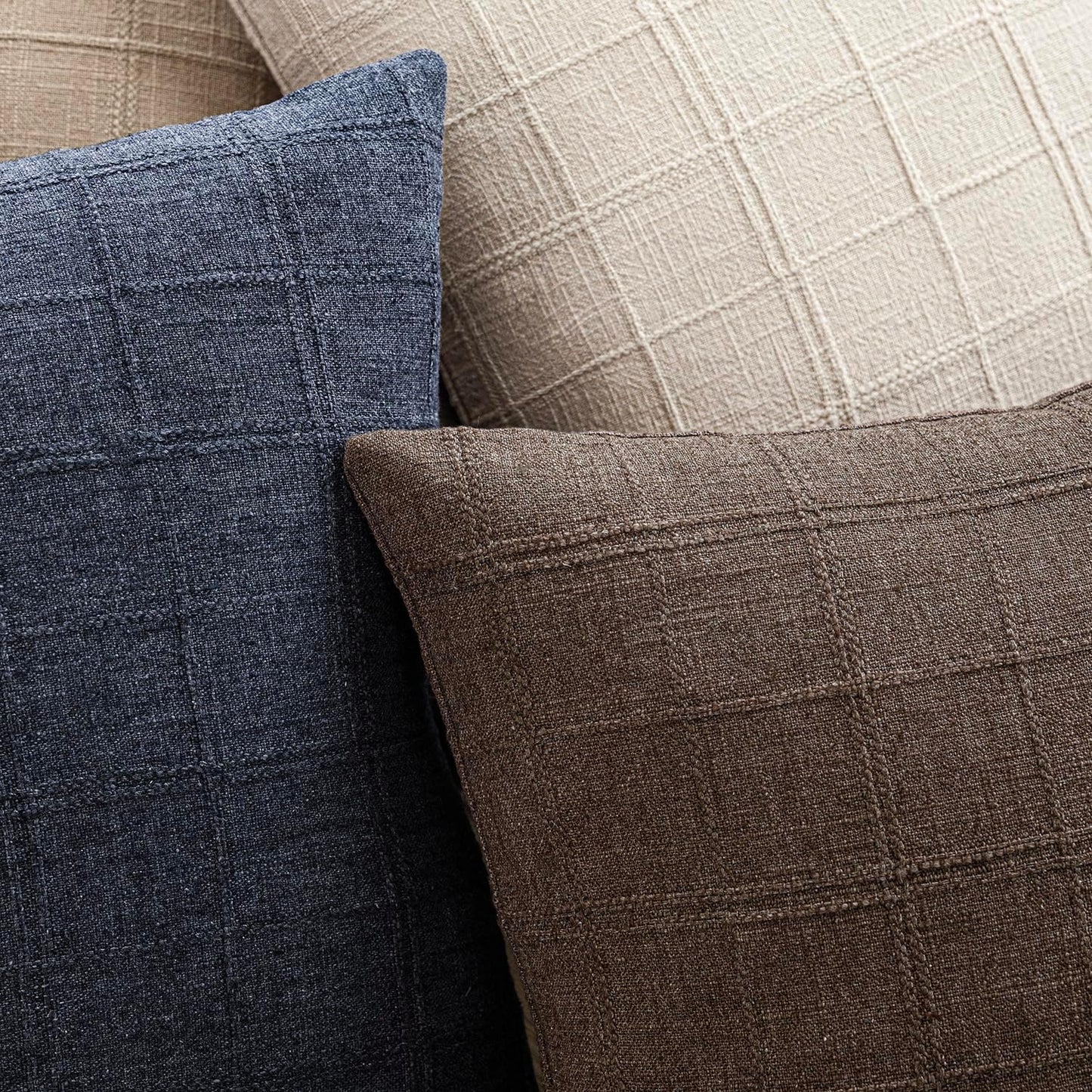 Foindtower Set of 2 Decorative Linen Check Throw Pillow Covers Neutral Farmhouse Vintage Cushion Covers Modern Boho Home Decor for Sofa Chair Couch Bedroom Living Room Outdoor,20×20 Inch,Dark Brown