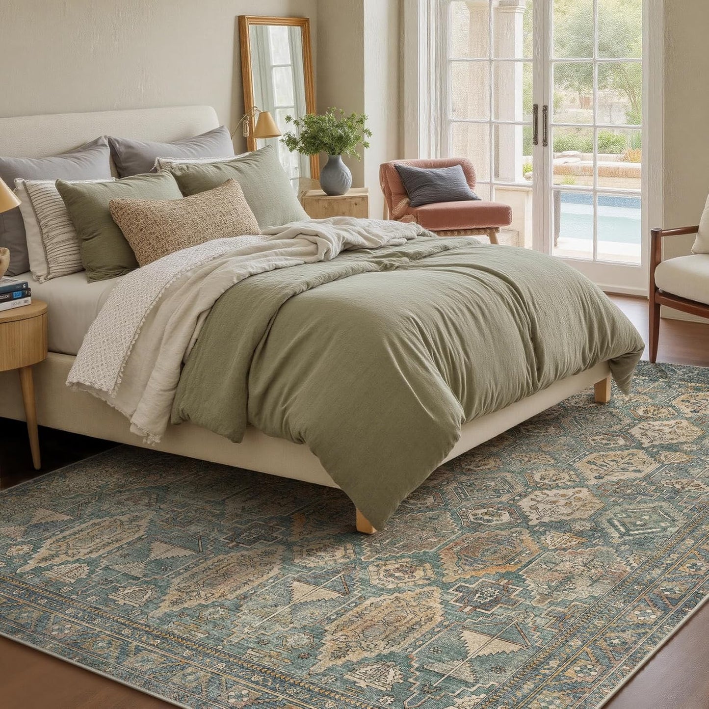 GENIMO 8x10 Area Rugs for Living Room, Machine Washable Non Slip Vintage Rugs, Low Pile Lightweight Chenille Print Rug for Bedroom, Dining Room, Home Office, Sage Teal