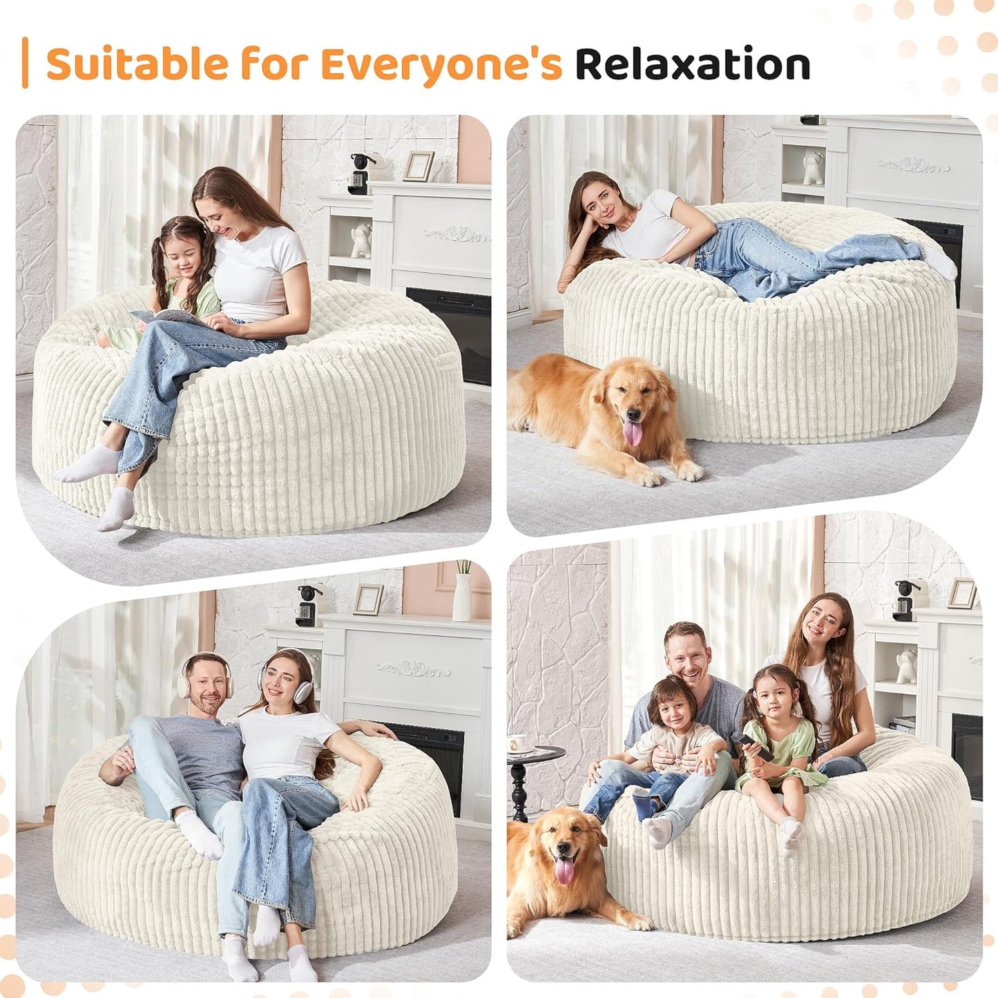 HABUTWAY 3FT Bean Bag Chair, 3' Large Bean Bag Chairs for Adults with Removable Stripe Plush Cover, Memory Foam Beanbag Chair for Living Room Bedroom Dorm (White)
