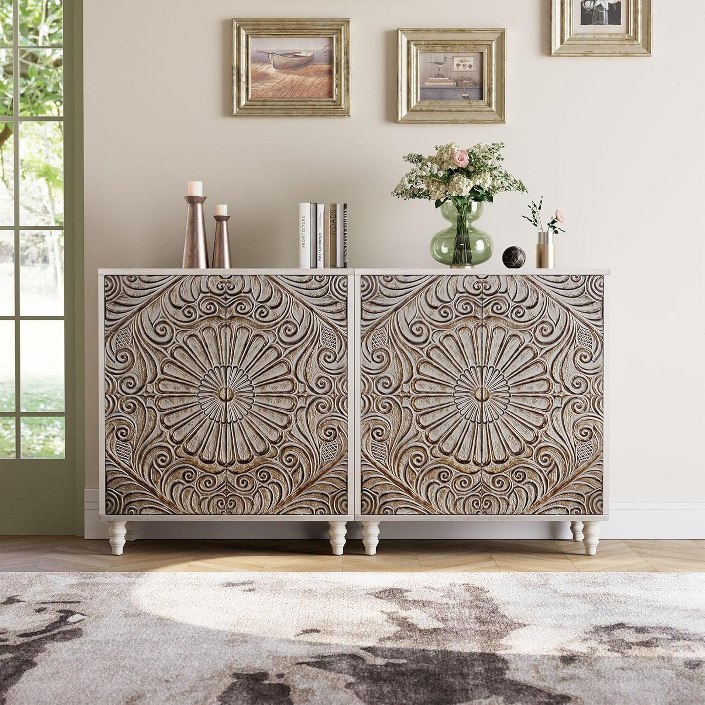 COSIEST Set of 2 32" Buffet Sideboard Cabinets with Storage, Accent Cabinet with Push-to-Open Doors, Vintage Flower Carved Pinewood Doors, Entryway Console for Living Room, Kitchen, Hallway, Gray