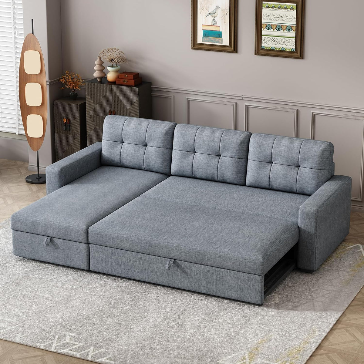 Ball & Cast L-Shape Reversible Sectional Sleeper Sofa Bed,Linen Upholstered 4 in 1 Pull Out Couch with Storage Chaise & Removable Back Cushions,Convertible Corner Sectionals for Living Room,Office