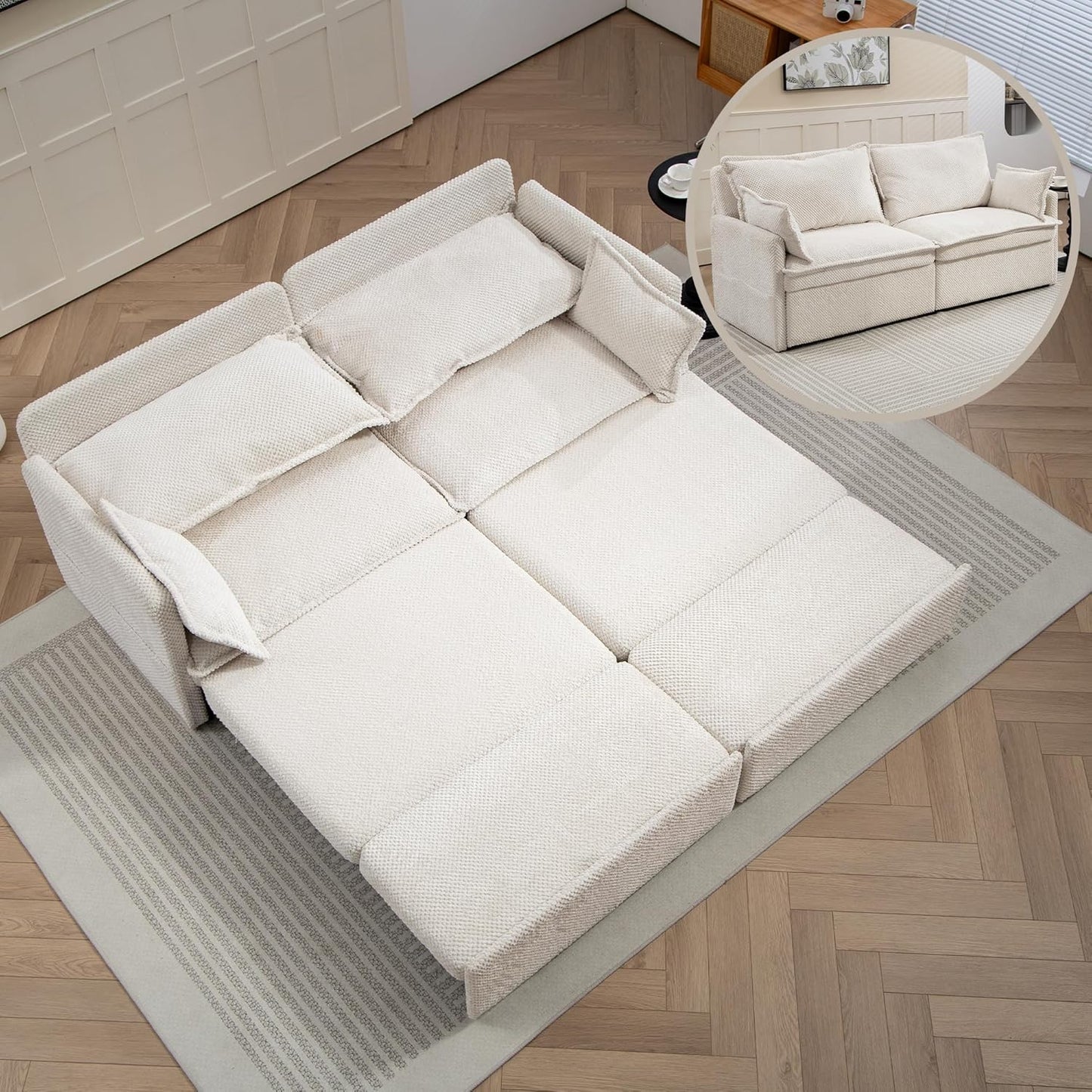 Furnimart 73.6" King Size Pull Out Sofa Bed, 3 in 1 Convertible Sleeper Bed with USB/C-Type Charging Ports & Side Pockets, Modern Futon Couch for Living Room, Apartment, Bedroom, Corduroy White