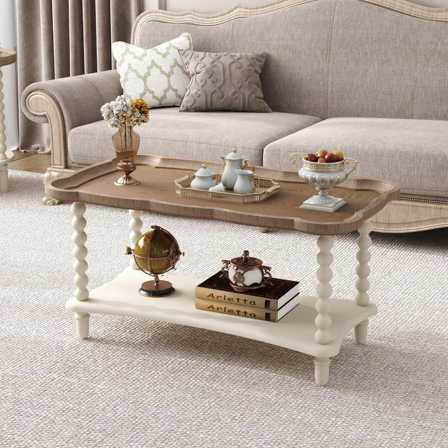 Function Home Farmhouse Coffee Table, Rustic White French Country Center Table with Storage Shelf, Wood Coffee Tables for Living Room Dining Room, Natural Tray Top and Vintage White Spindle Legs