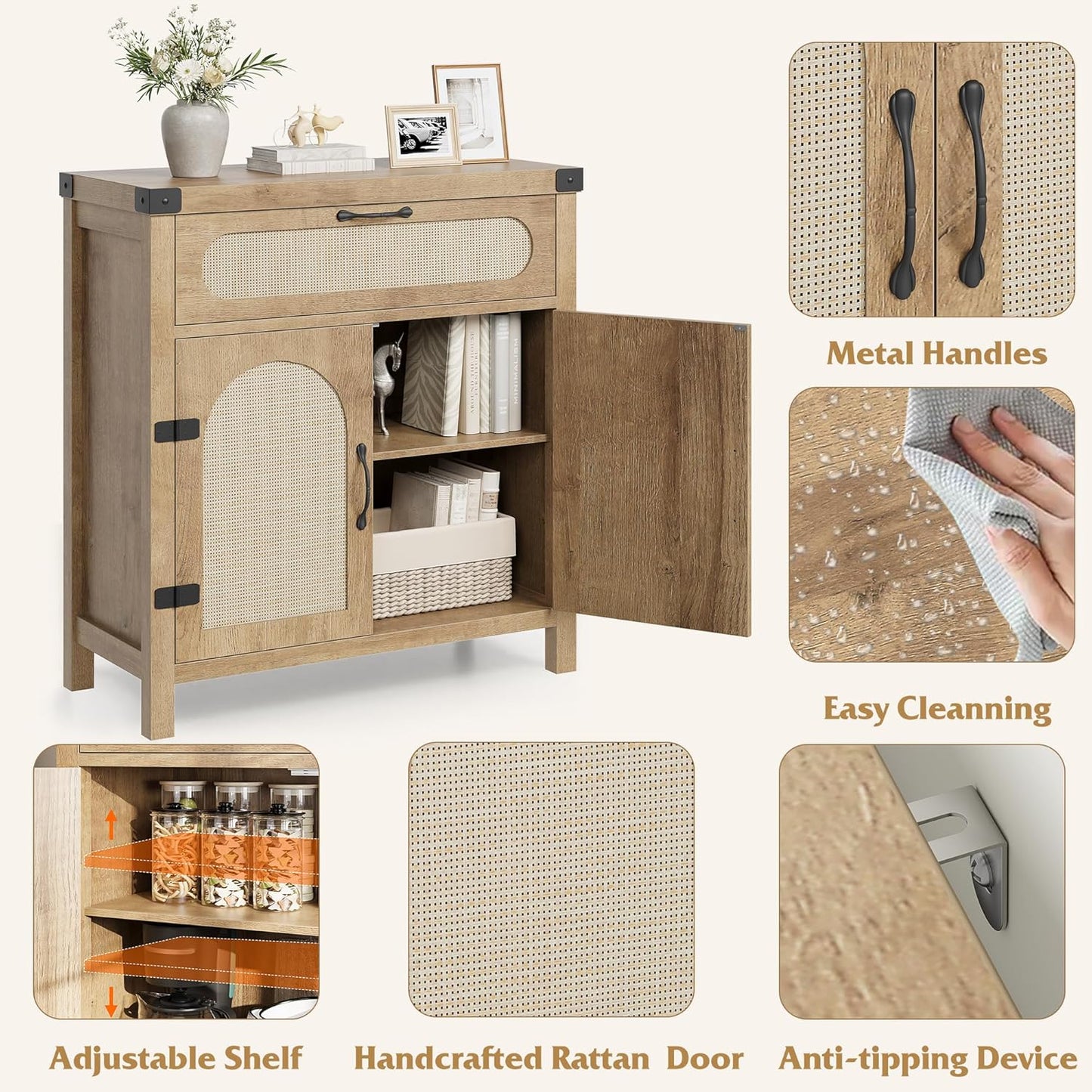 Garvee 29.9'' Small Rattan Buffet Cabinet with Storage, Kitchen Coffee Bar Cabinet with Doors and Drawer, Boho Farmhouse Sideboard with Adjustable Shelves and Handle for Living Room, Natural