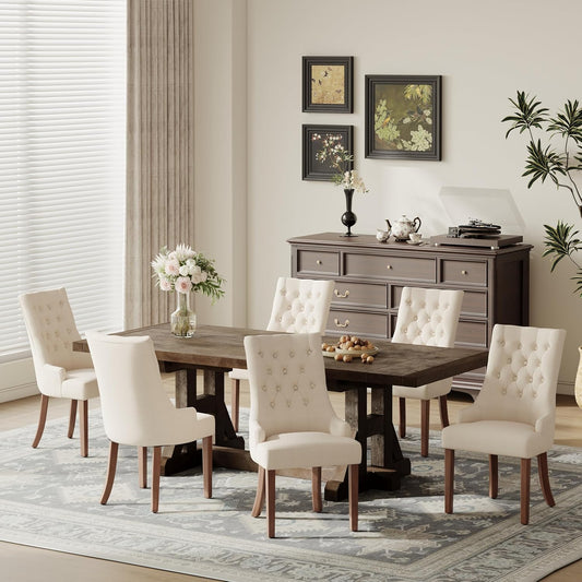 COLAMY Fabric Side Dining Chairs Set of 6, Wingback Upholstered Dining Room Chairs with Tufted Button, Living Room Chairs for Home Kitchen, Beige