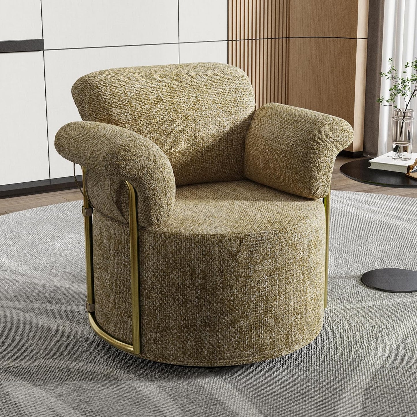 KEIKI Modern Comfy Swivel Accent Reading Chair, 360°Round Upholstered Barrel Armchair Single Club Lounge Sofa Chairs for Living Room,Bedroom, Office,Brown