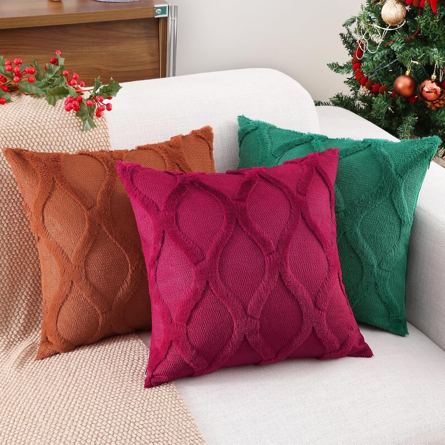 decorUhome Throw Pillow Covers 24x24 Inch Set of 2, Soft Plush Faux Fur Wool Burgundy Couch Pillow Covers, Decorative Neutral Pillow Cases for Bed Sofa Living Room Home Decor