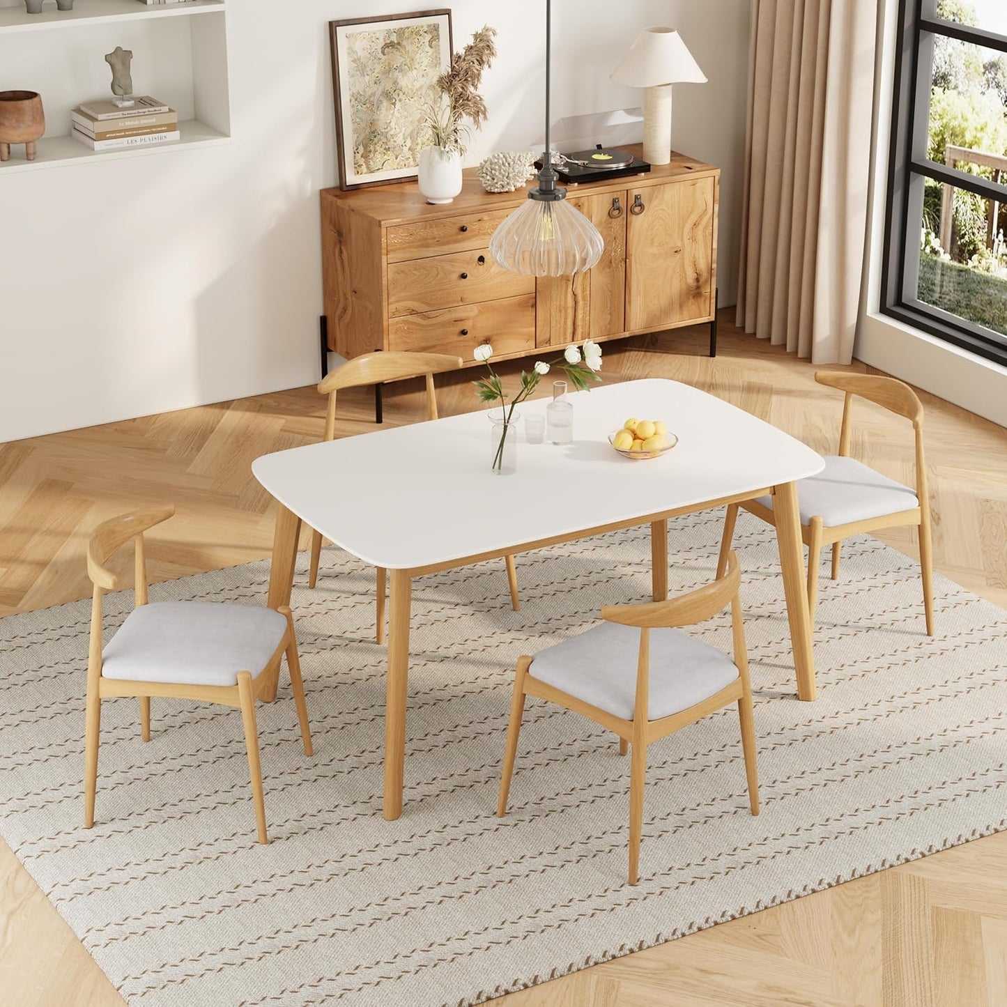 5-Piece Dining Set, Mid-Century Modern Solid Wood Table & Chair Set for 4, Kitchen, Dining Room, Restaurant, Natural Oak+Beige