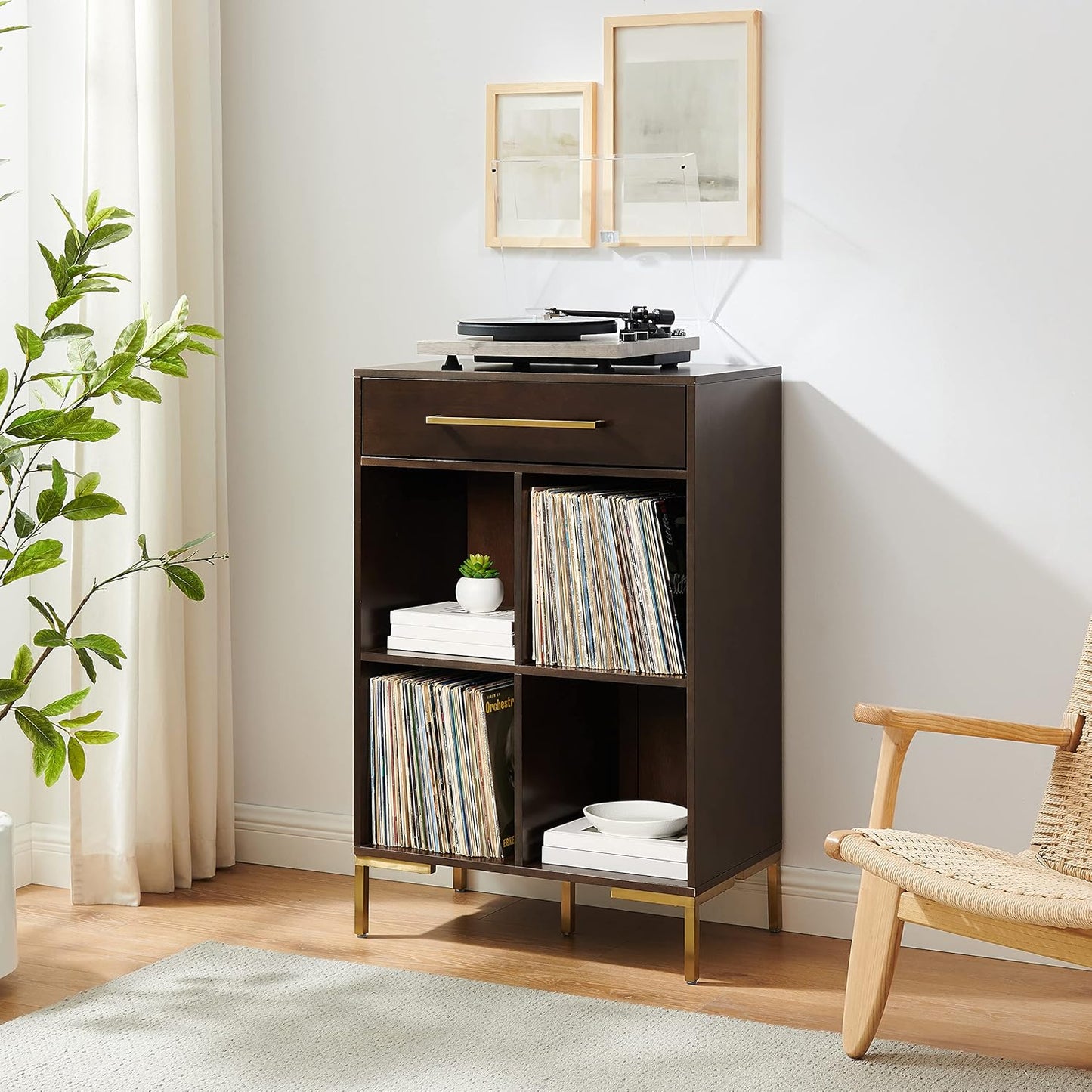 Crosley Furniture Juno Cube Bookcase and Record Player Stand with Storage for Vinyl Records, Dark Brown