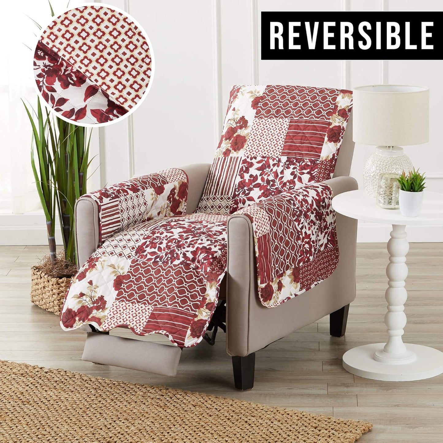 Great Bay Home Patchwork Scalloped Printed Furniture Protector Stain Resistant Recliner Cover (Recliner, Burgundy)