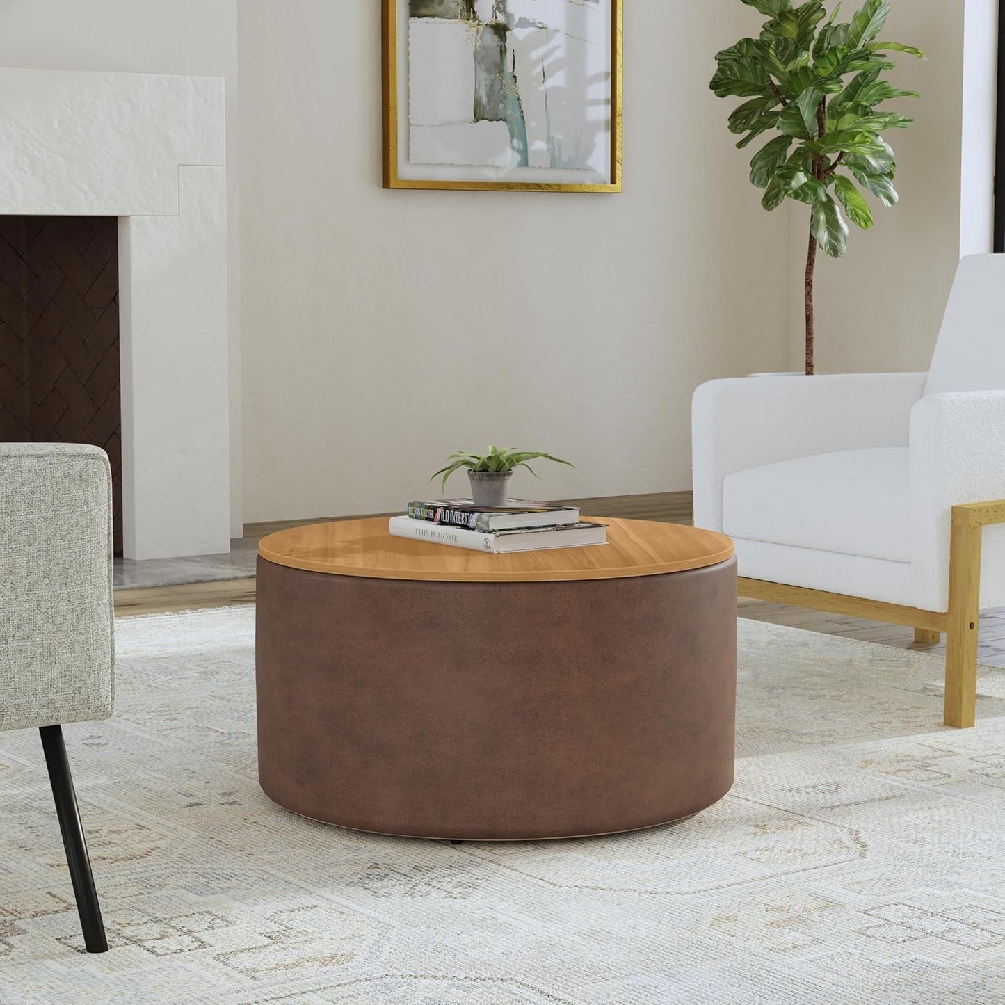 HomePop Modern Fabric Storage Ottoman with Wood Top - Faux Brown Leather