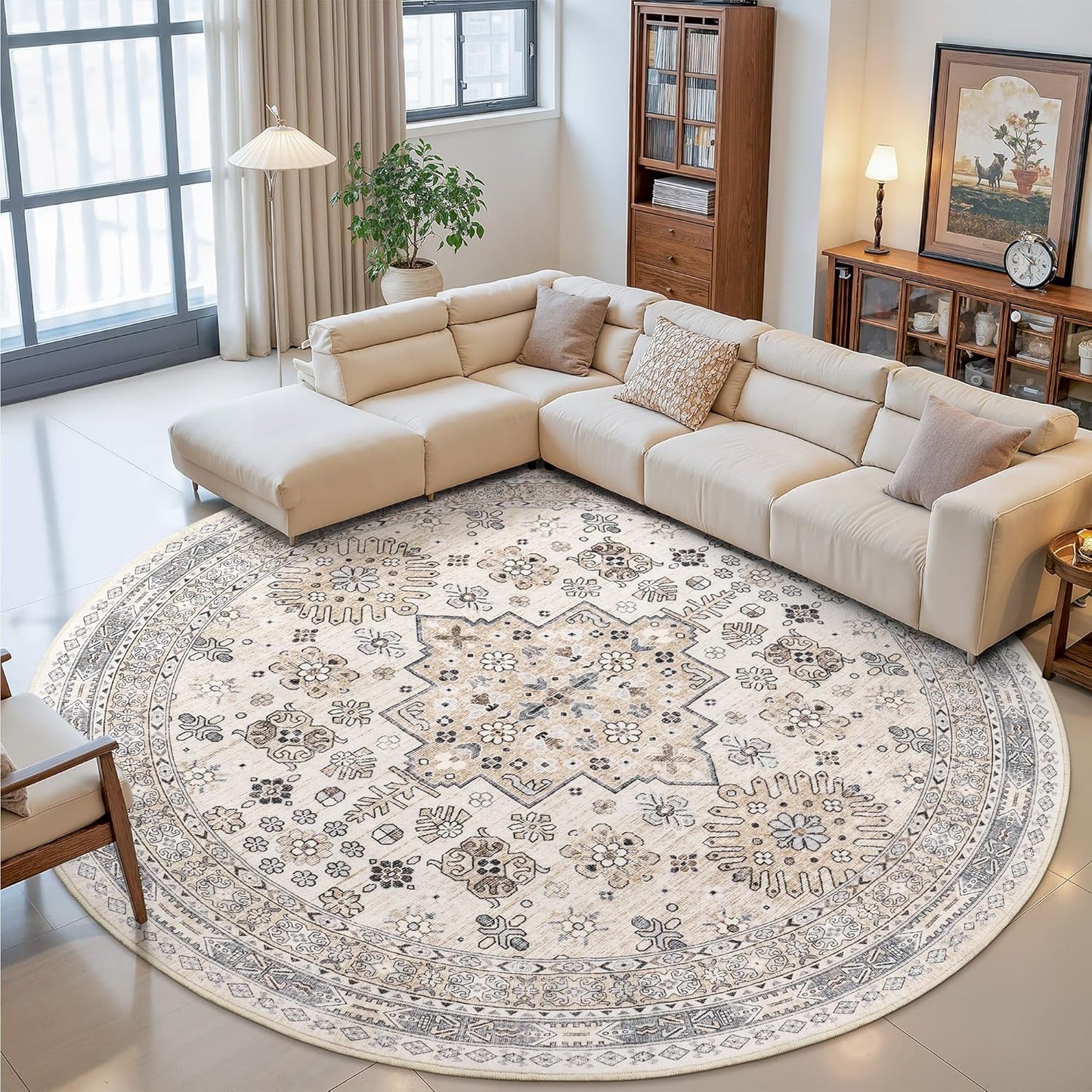 zesthome 9ft Round Rugs for Living Room, Non-Slip Washable Round Area Rugs, Ultra-Thin Large Circle Rugs, Soft Low Pile Rug for Bedroom, Kitchen - Vintage Stain Resistant Round Rug (Beige,9'x9')