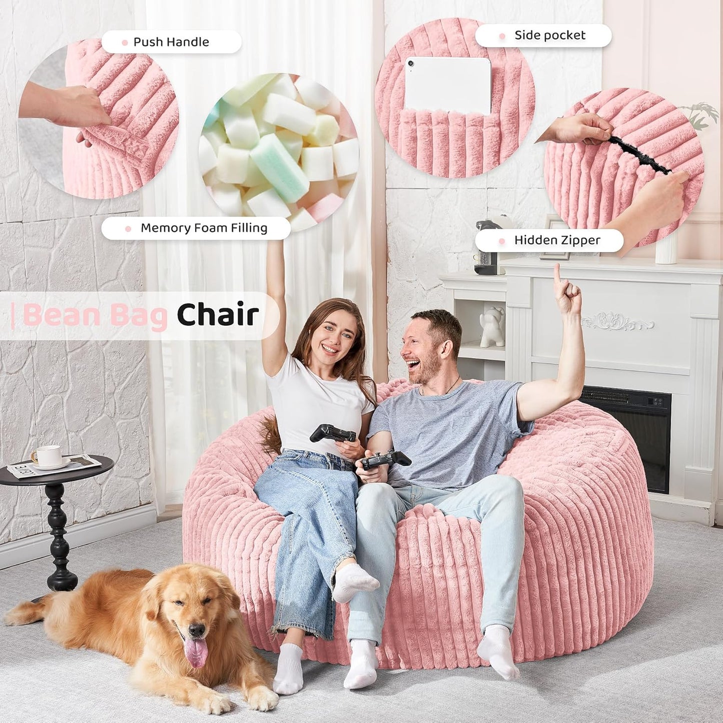 HABUTWAY 5FT Bean Bag Chair, 5' Large Bean Bag Chairs for Adults with Removable Stripe Plush Cover, Memory Foam Beanbag Chair for Living Room Bedroom Dorm (Tender Pink)