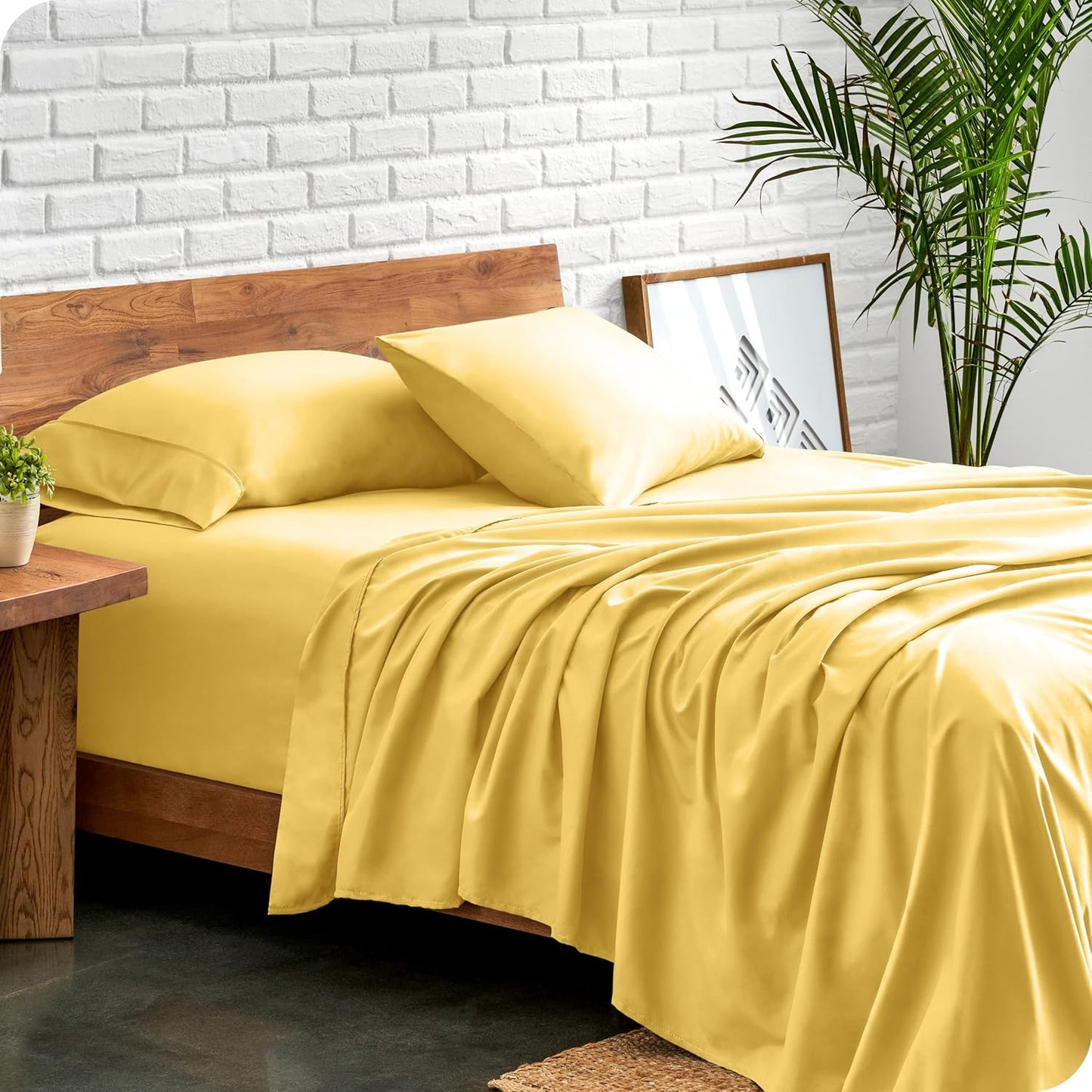 Bare Home Queen Sheet Set - Luxury 1800 Ultra-Soft Microfiber Queen Bed Sheets - Double Brushed - Deep Pockets - Easy Fit - 4 Piece Set - Bedding Sheets & Pillowcases (Queen, Lemon Drop)