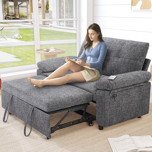Vipbear 3-in-1 Chenile Convertible Sofa Bed, Pull Out Sleeper Sofa with USB Charging Station/Reclining Backrest/Side Pocket, Loveseat for Living Room, Apartment, Tool-Free Assembly, Dark Grey
