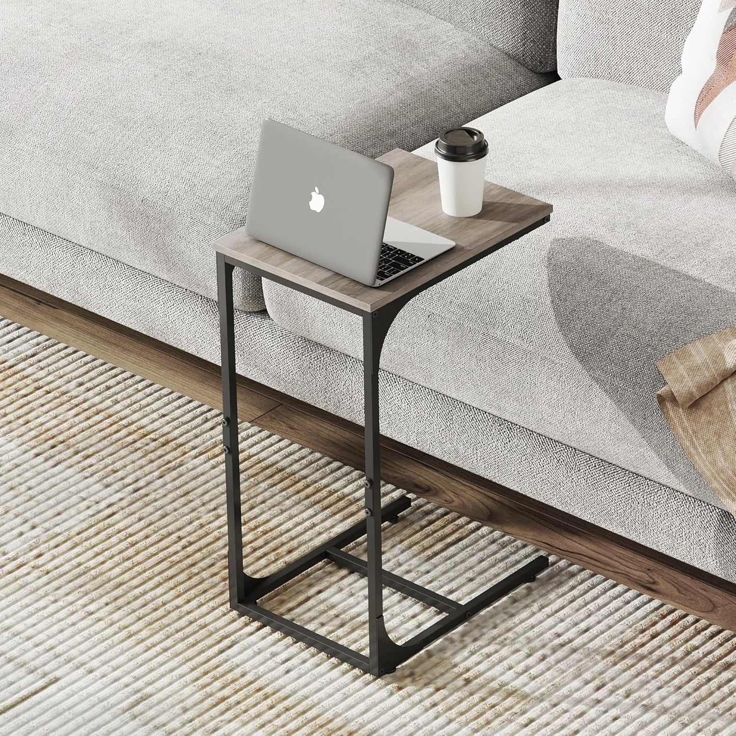WLIVE C Shaped End Table, Small Couch Side Tables with Metal Frame, Sofa Table TV Tray for Living Room, Bedroom, Greige