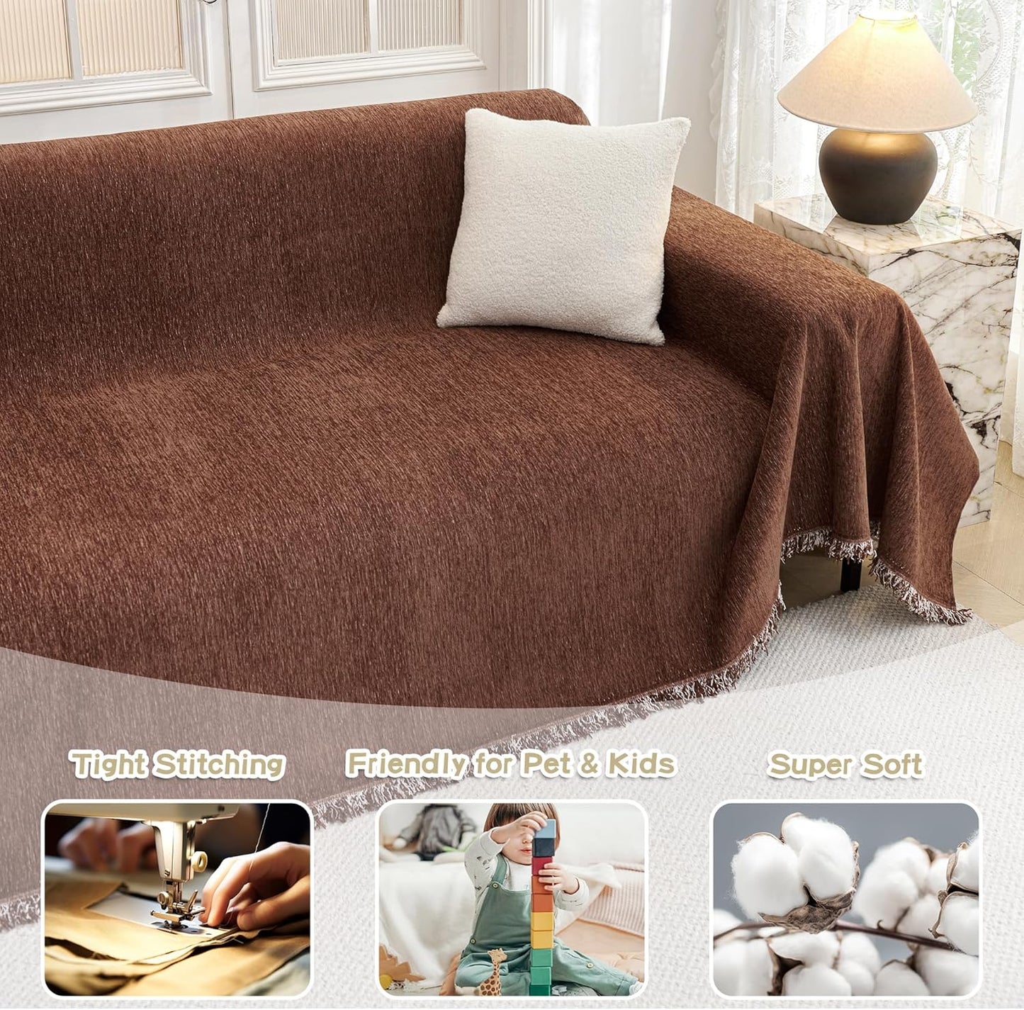MYSKY HOME Couch Cover for Dogs Washable Couch Covers for 3 Cushion Couch Sofa Super Soft Sofa Slipcover Non Slip Sofa Cover, Chenille Sofa Covers for Dogs, Furniture Protector, 71"x150", Chocolate