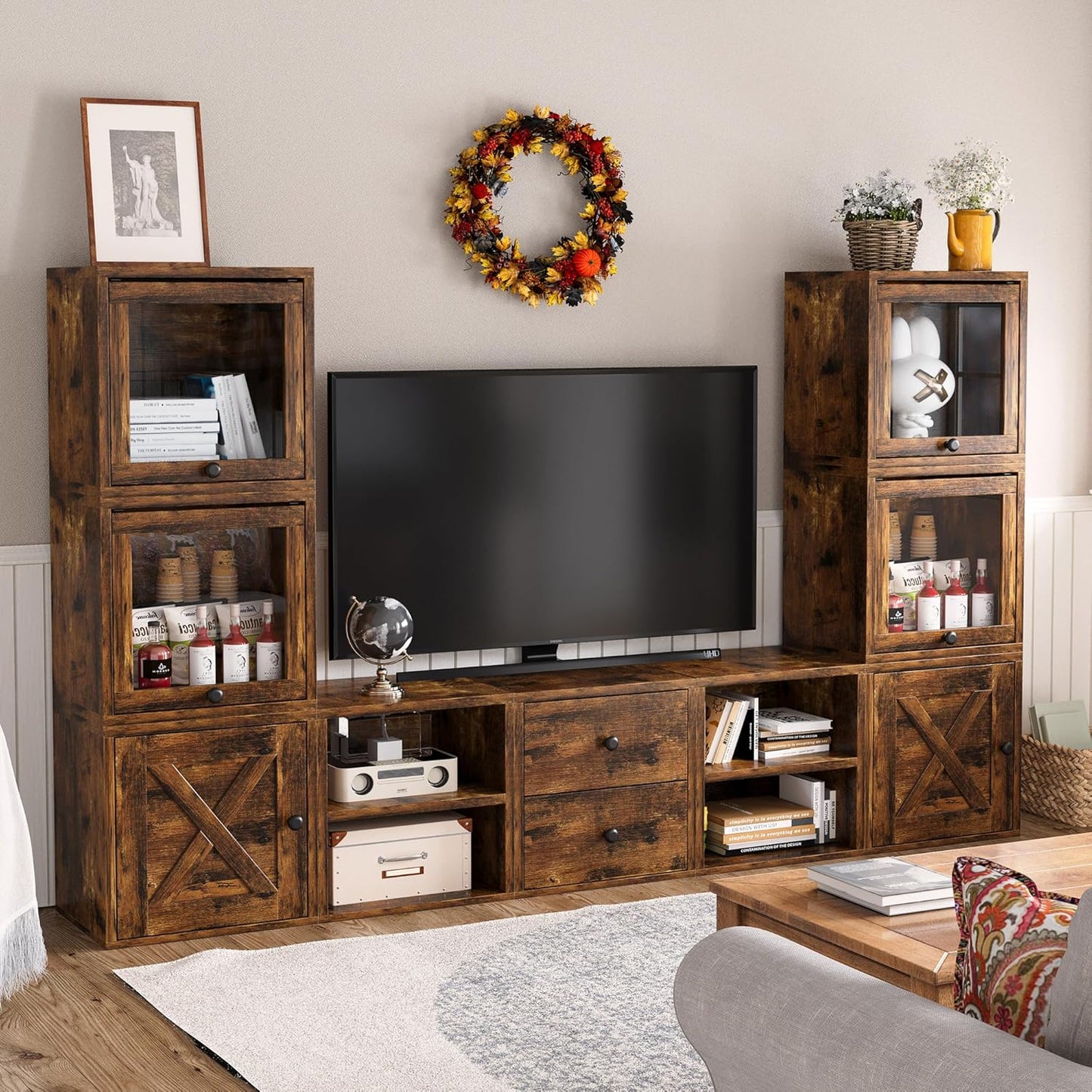 FUSUNBAO Magic DIY Cube Storage Organizer Stackable Cubes for Home Books Clothes Toy-Modular Cubby Storage System-Office Cubical-Bookcase Closet (Antique Brown, Door Cube)