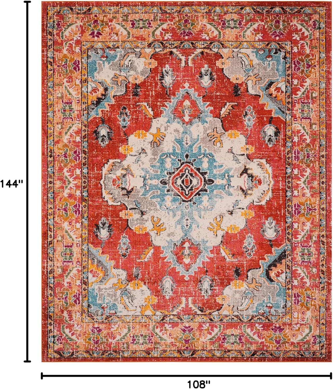 SAFAVIEH Monaco Collection Area Rug - 9' x 12', Orange & Light Blue, Boho Chic Medallion Distressed Design, Non-Shedding & Easy Care, Ideal for High Traffic Areas in Living Room, Bedroom (MNC243H)