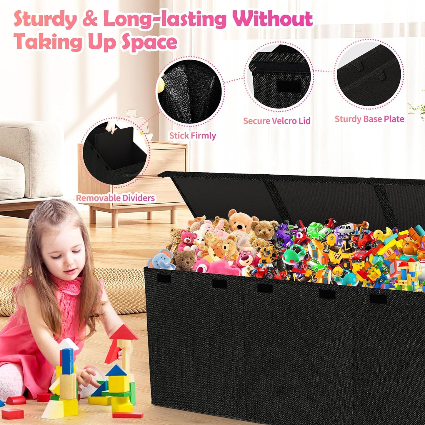 Extra Large Toy Box, Collapsible Sturdy Kids Toy Chest for Boys, Girls, 40"x14"x16" Storage Organizer Toddler Storage Bins with Lids, Toybox Basket for Living Room, Bedroom, Nursery, Black