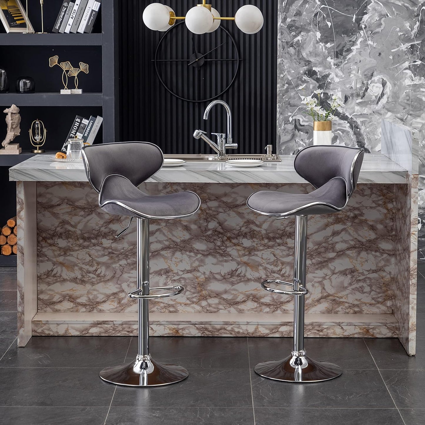 Roundhill Furniture Masaccio Velvet Upholstered Adjustable Swivel Barstool, Set of 2, Gray