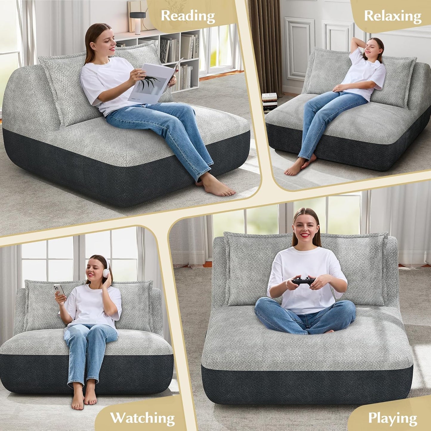 Hobestluk Small Sofa Couch Lounge Sofa Chair for Living Room, Comfy Memory Foam Couch, Mini Sofa with Side Pocket for Living Room, Bedroom (Grey+Light Grey)