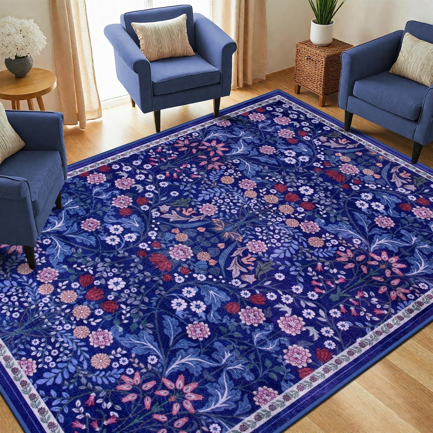 Area Rug Living Room Rugs: Floral 5x7 Washable Rug Vintage Soft Boho Non-Slip Carpet Indoor Floor Stain Resistant Large Carpets for Bedroom Dining Room Farmhouse Nursery Hallway Home Office Blue