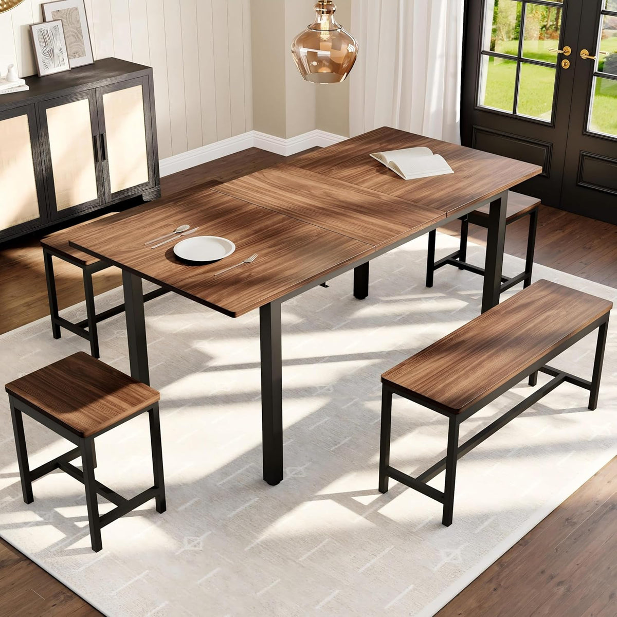 IDEALHOUSE 5-Piece Extendable Dining Table Set for 4-8 People, 63 Inch Kitchen Table with 2 Benches & 2 Stools, Space Saving Modern Dining Room Furniture, Easy Assembly, Brown