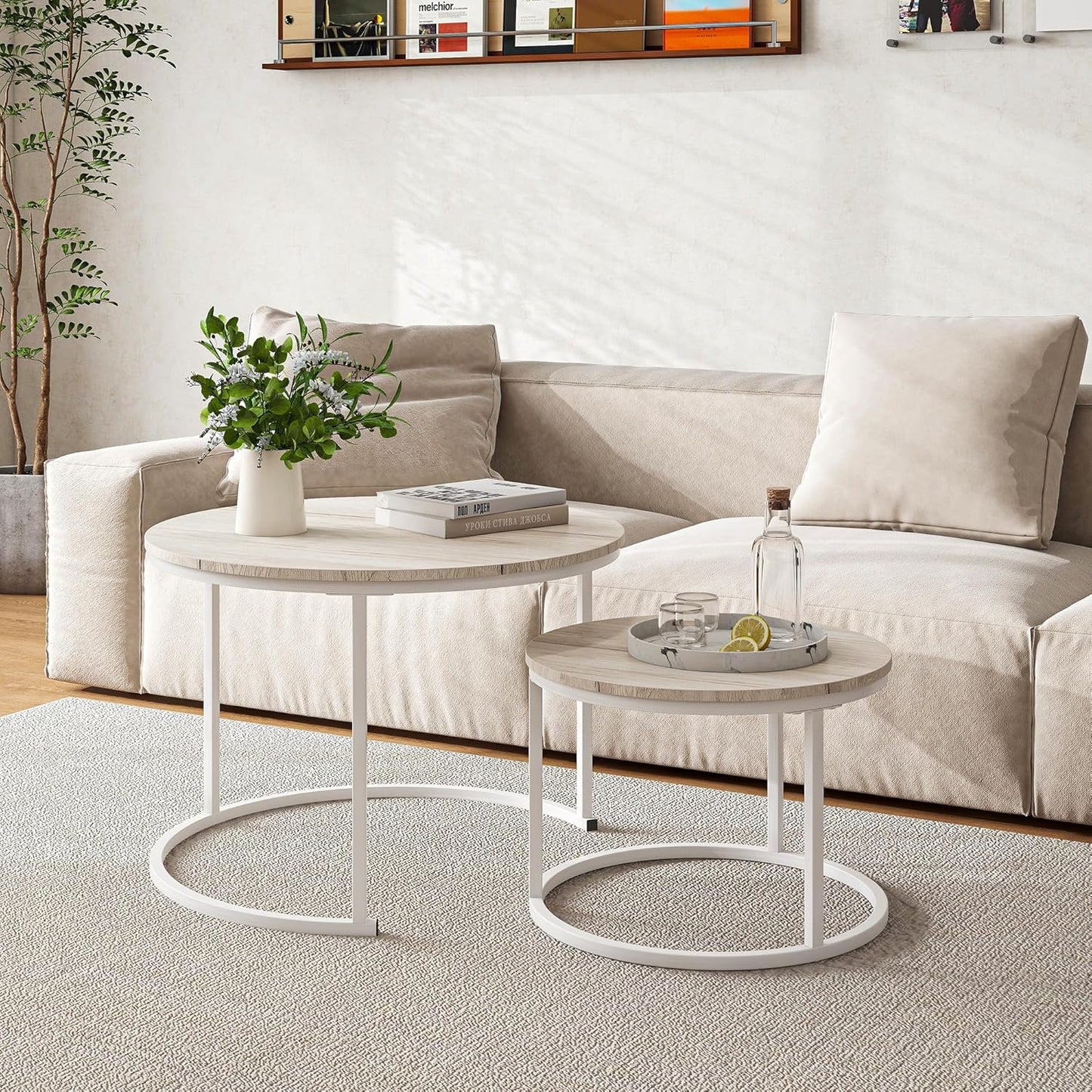 Round Coffee Table Set of 2 End Tables for Living Room,Modern White Coffee Table Nesting Tables,Living Room Tables Wood Furniture Metal Frame,Sturdy Stacking Side Tables,Easy Assembly,Oak