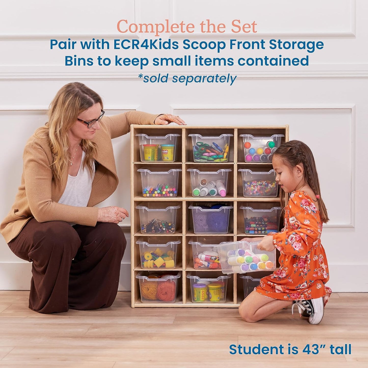 ECR4Kids Streamline 15 Cubby Tray Storage Cabinet, 5x3, Classroom Furniture, Natural