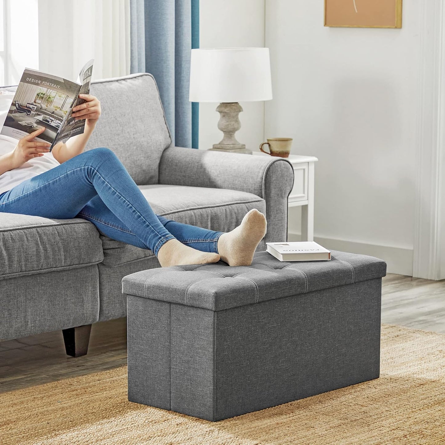 SONGMICS Mazie Collection - 30 Inches Ottoman Storage Bench, 21 Gal. Folding Chest with Breathable Linen-Look Fabric, Load up to 660 lb, for Entryway, Living Room, Bedroom, Dark Gray ULSF001G01