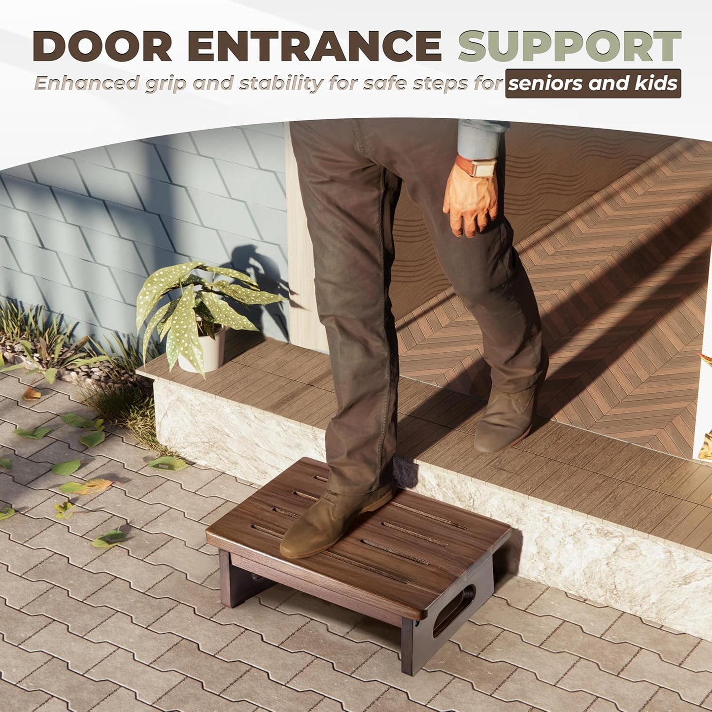 Wooden Step Stool, 5.3" One Step Stool for Adults with Built-in Handle, Supports up to 550lbs, Durable & Non-Slip Bedside Stool for Bedroom, Kitchen, Bathroom or High Beds