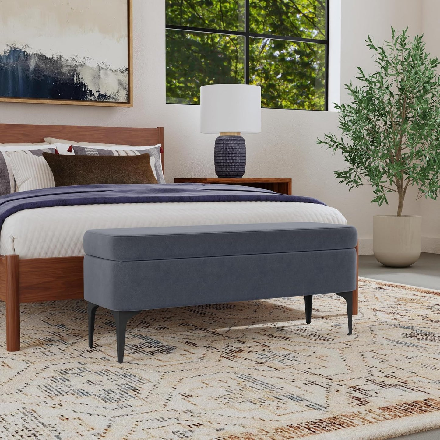 HomePop Upholstered Storage Bench with Metal Leg Home Décor|Bench with Storage for Living Room & Entryway - Blue Velvet