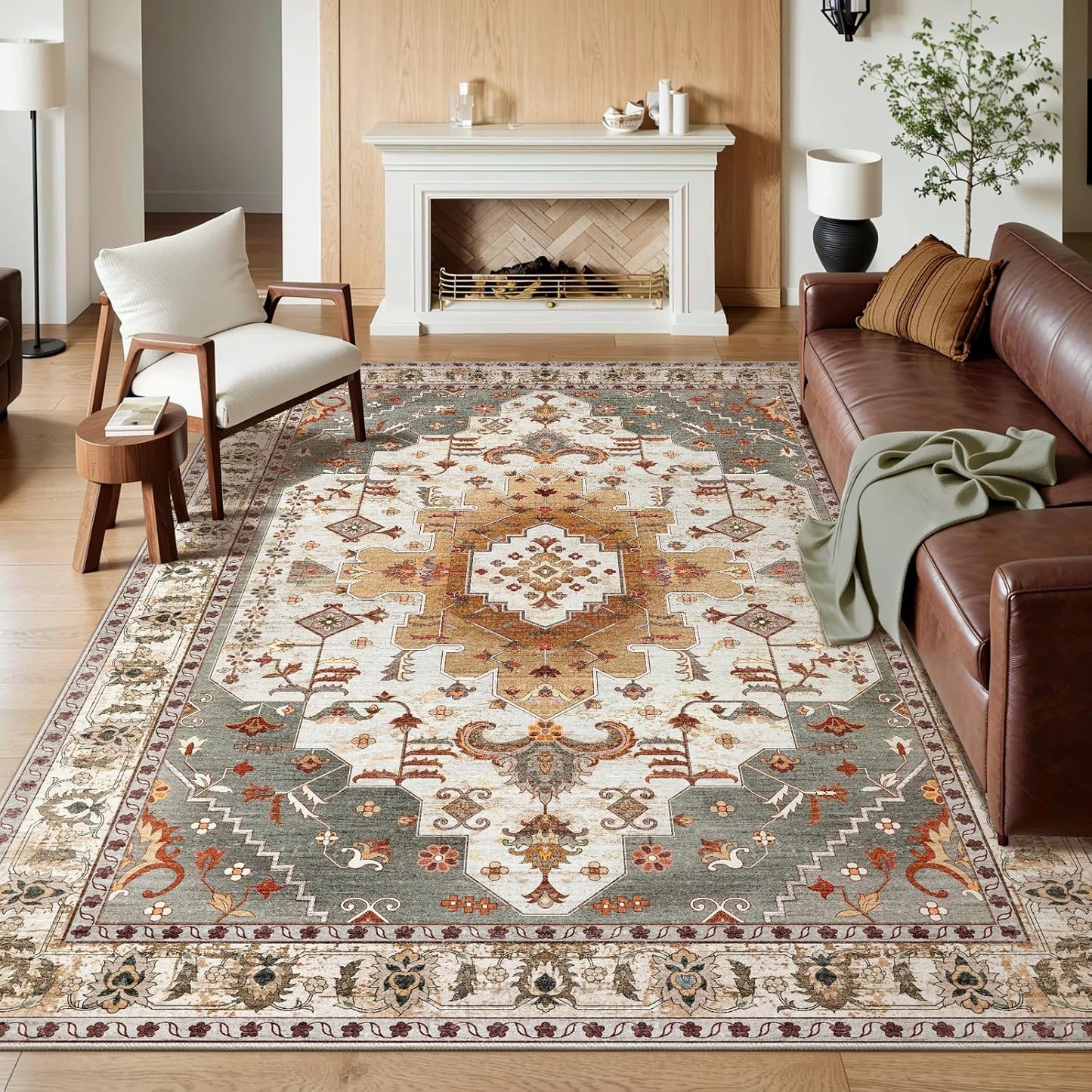 Tangsoo 5x7 Area Rug Washable Rugs for Living Room, Vintage Indoor Non Slip Large Area Rugs, Print Distressed Turmeric Carpet, Soft Low Pile Rug Foldable Floor for Bedroom Dining Room Dorm