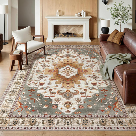 Tangsoo 5x7 Area Rug Washable Rugs for Living Room, Vintage Indoor Non Slip Large Area Rugs, Print Distressed Turmeric Carpet, Soft Low Pile Rug Foldable Floor for Bedroom Dining Room Dorm